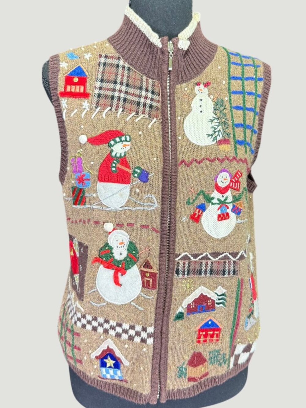 Vintage Planet & Company Christmas Sweater Vest Petite Small Snowmen Full Zip